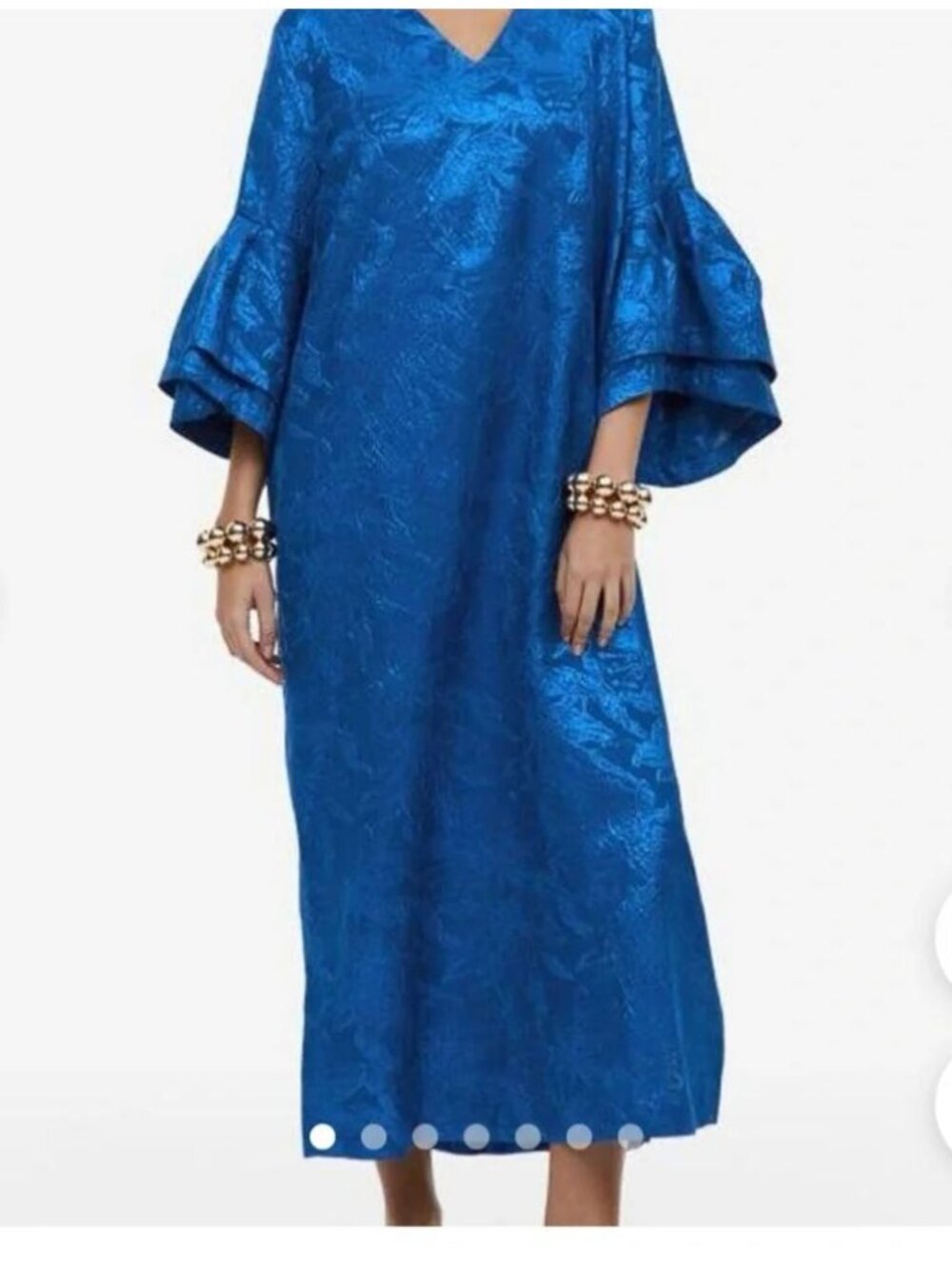 H&M Brilliant Blue Satin patterned V neck dress with puff sleeves Size Medium
